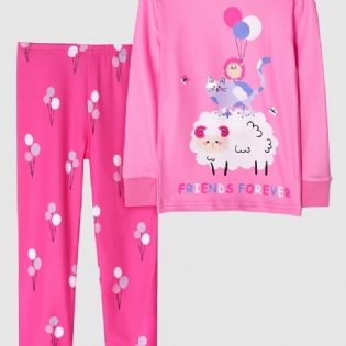 Piger Casual Pink Tegneserie Pyjamas Sæt Med Får Kattetryk Langærmet T-shirt Og Ballonbukser