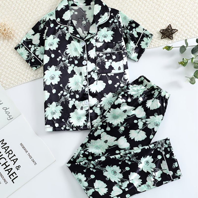 Piger Grøn Blomst Trykt Kortærmet Button Down Nattøj Pyjamas Sæt