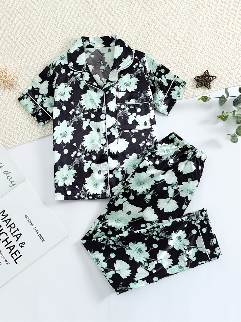 Piger Grøn Blomst Trykt Kortærmet Button Down Nattøj Pyjamas Sæt