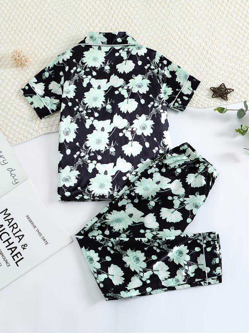 Piger Grøn Blomst Trykt Kortærmet Button Down Nattøj Pyjamas Sæt