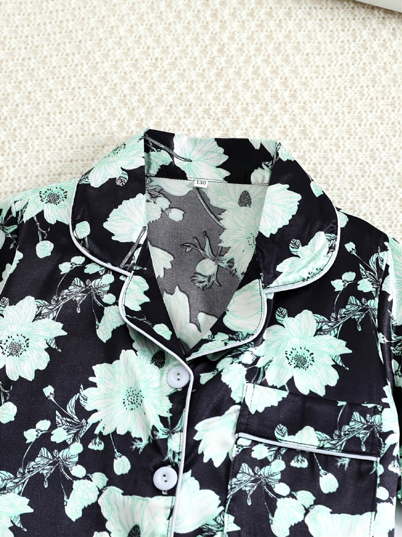 Piger Grøn Blomst Trykt Kortærmet Button Down Nattøj Pyjamas Sæt