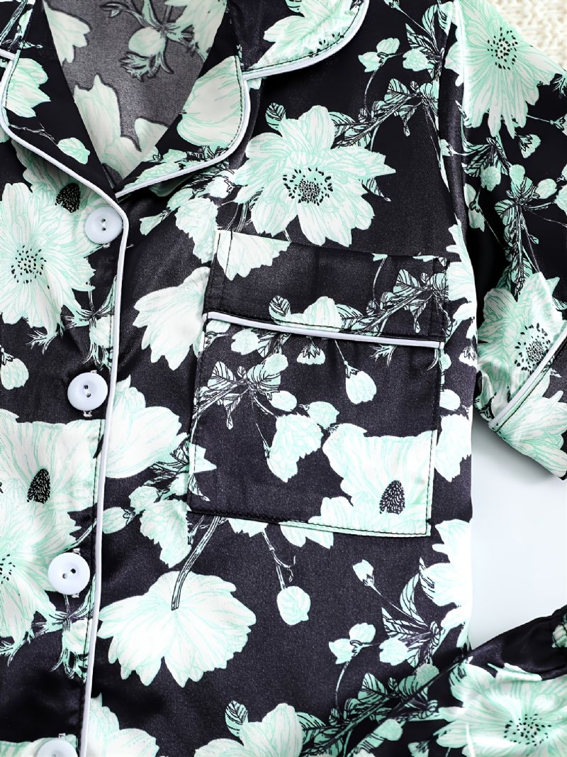 Piger Grøn Blomst Trykt Kortærmet Button Down Nattøj Pyjamas Sæt