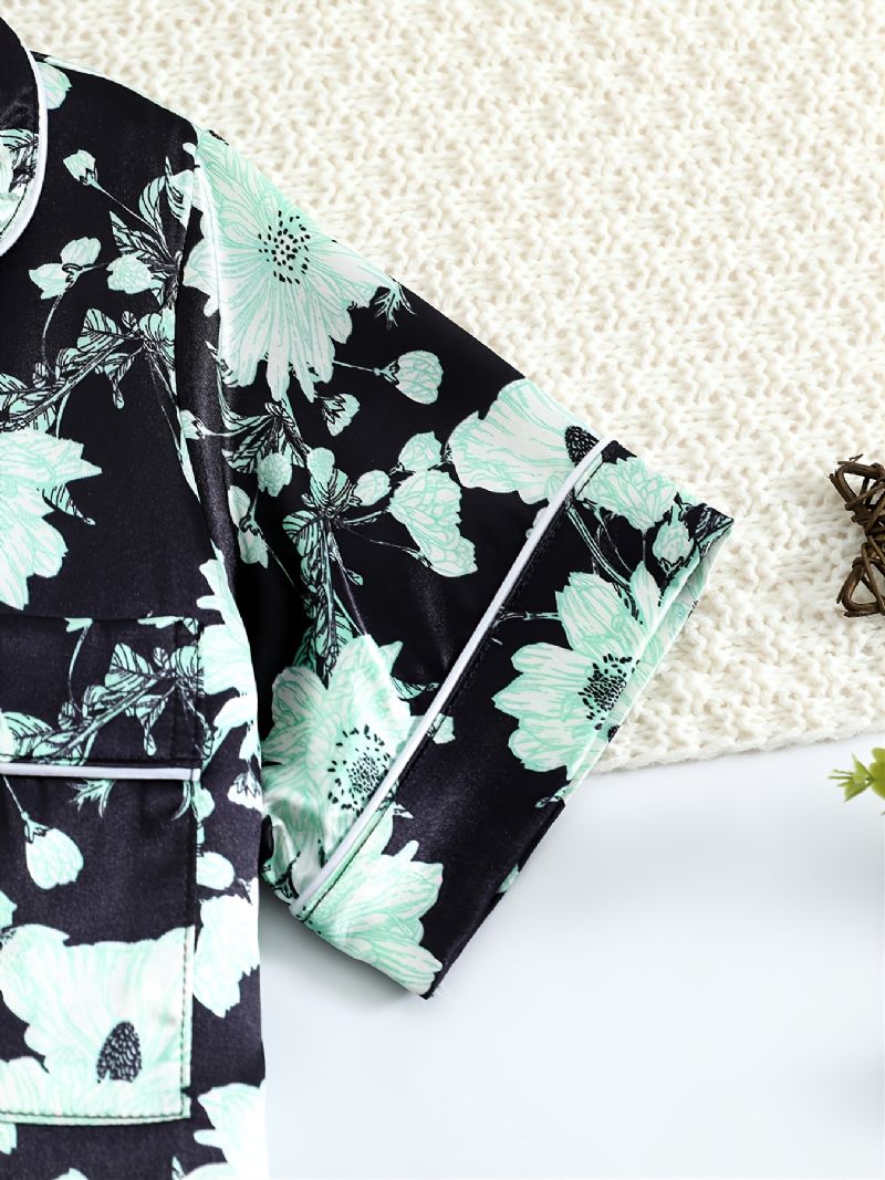 Piger Grøn Blomst Trykt Kortærmet Button Down Nattøj Pyjamas Sæt