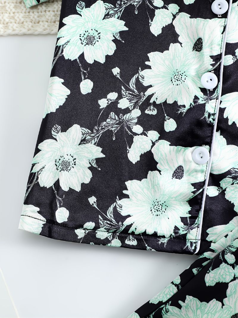 Piger Grøn Blomst Trykt Kortærmet Button Down Nattøj Pyjamas Sæt