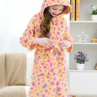 Piger Katteører Hættebadekåbe Blomstermønster Flanell Pyjamas Blødt Varmt Bælte Nattøj Vinter Børnetøj