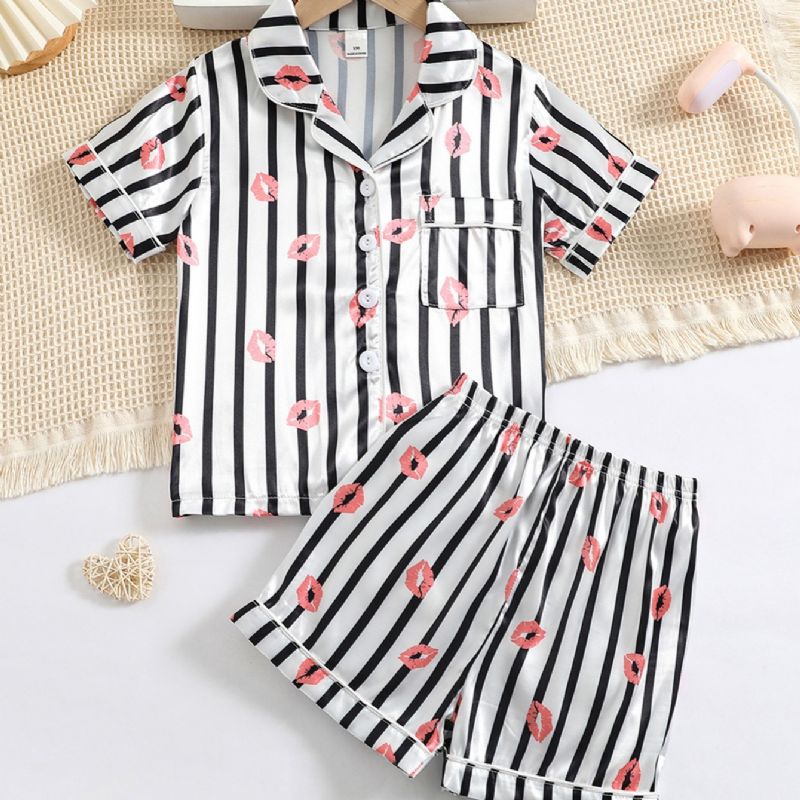 Piger Lip Print Straip Button Front Satin Pyjamas Sæt