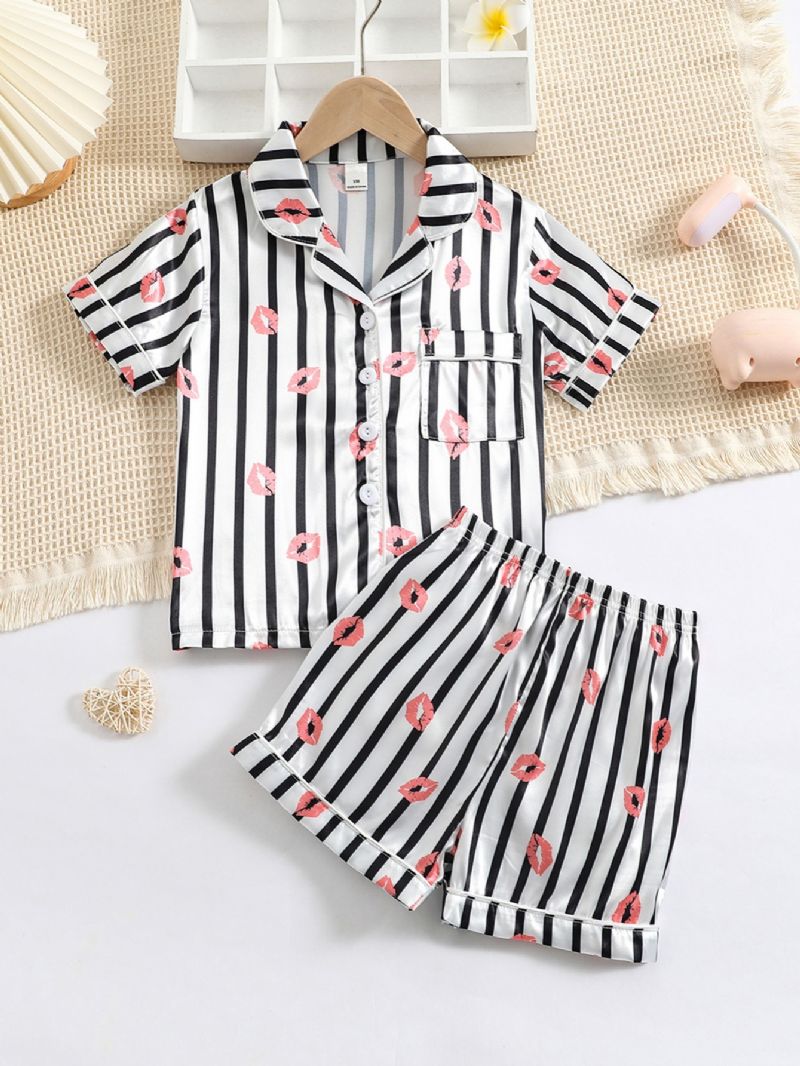 Piger Lip Print Straip Button Front Satin Pyjamas Sæt