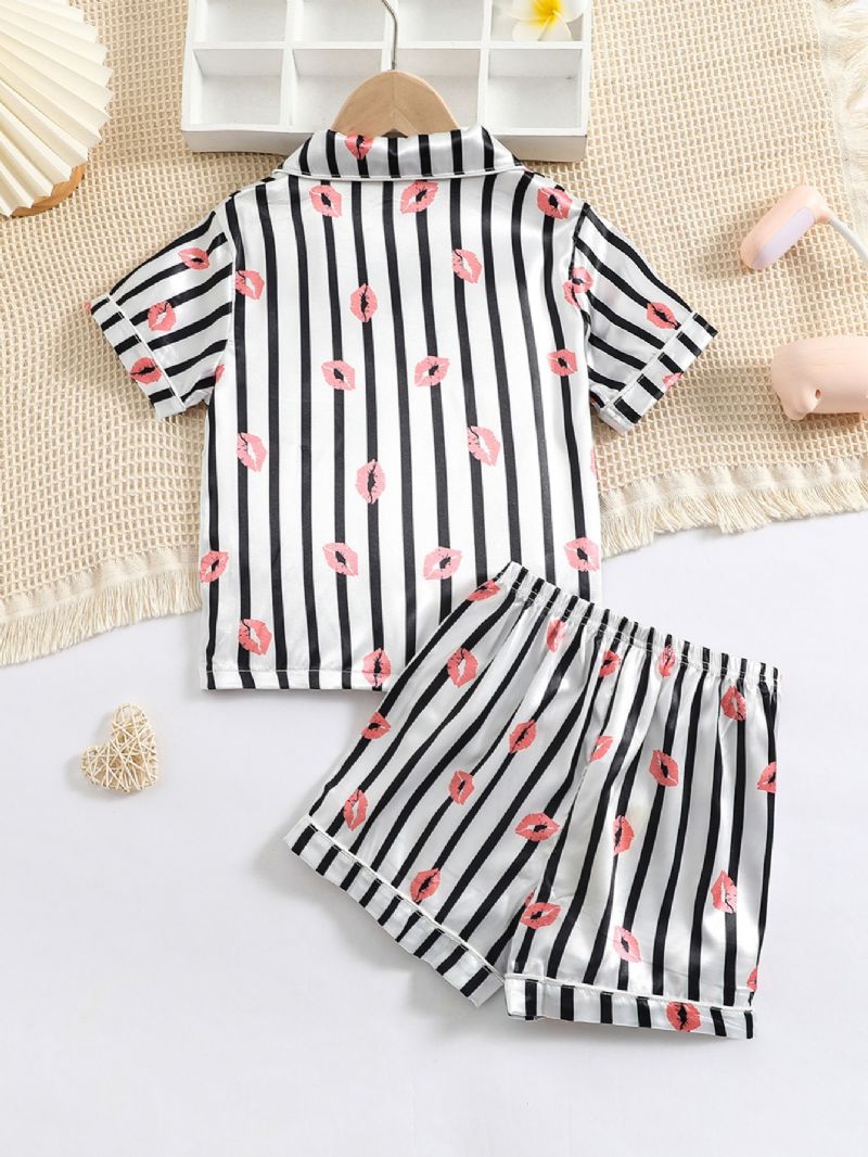 Piger Lip Print Straip Button Front Satin Pyjamas Sæt