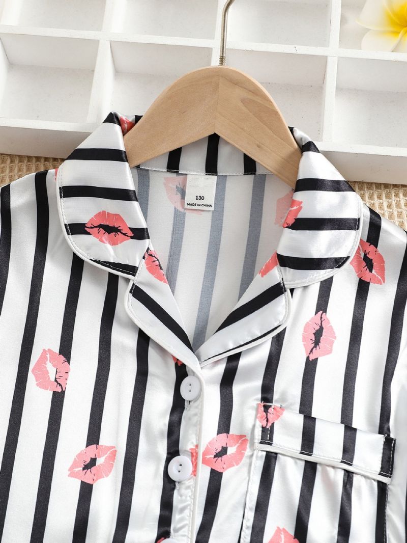 Piger Lip Print Straip Button Front Satin Pyjamas Sæt