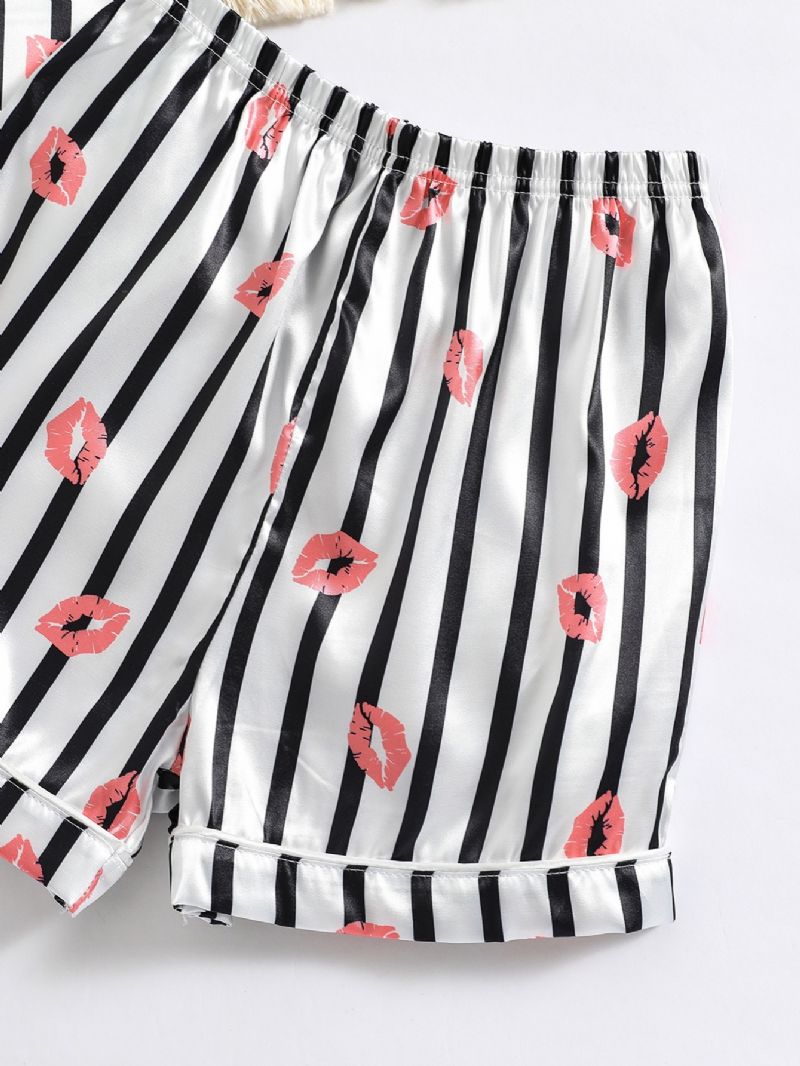 Piger Lip Print Straip Button Front Satin Pyjamas Sæt