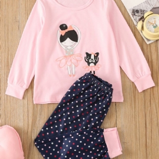 Piger Pink Rundhalset Langærmet Ballerina Top & Polka Dot Pyjamas Sæt 2 Stk.