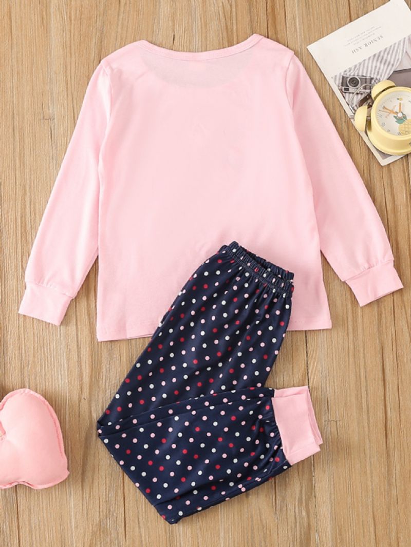 Piger Pink Rundhalset Langærmet Ballerina Top & Polka Dot Pyjamas Sæt 2 Stk.