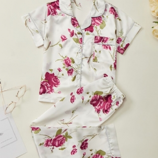 Piger Pyjamas Familie Outfit Blomster Print Lapel Kortærmet Top & Bukser Sæt Børnetøj