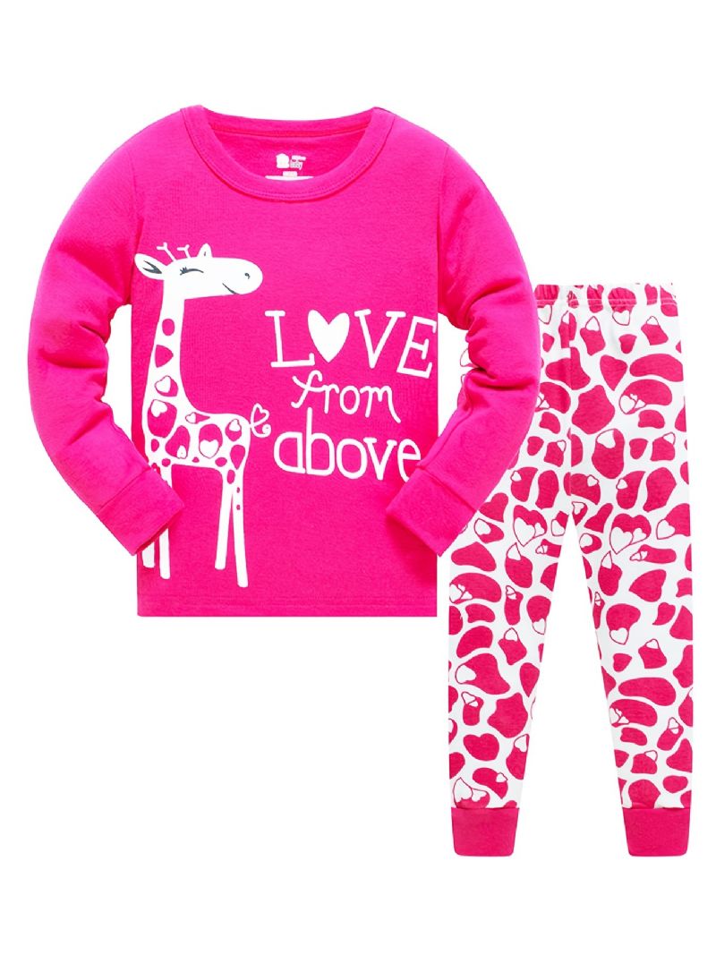 Piger Pyjamas Familie Outfit Giraf Print Rund Hals Langærmet Top Og Bukser Sæt Børnetøj