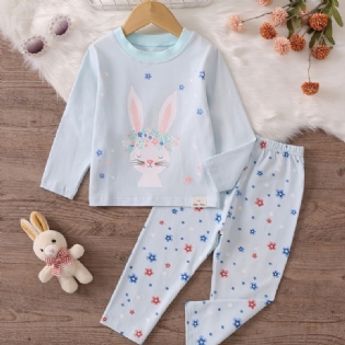 Piger Pyjamas Familie Outfit Sød Kanin Print Rund Hals Langærmet Top & Blomster Bukser Sæt Børnetøj