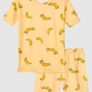 Piger Pyjamas Familieoutfit Banantryk Rundhalset Kortærmet Tee & Shorts Sæt Børnetøj