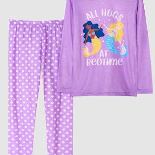 Piger Pyjamas Familieoutfit Havfrueprint Med Rund Hals Og Langærmet Top Og Polkaprikkede Buksersæt Børnetøj