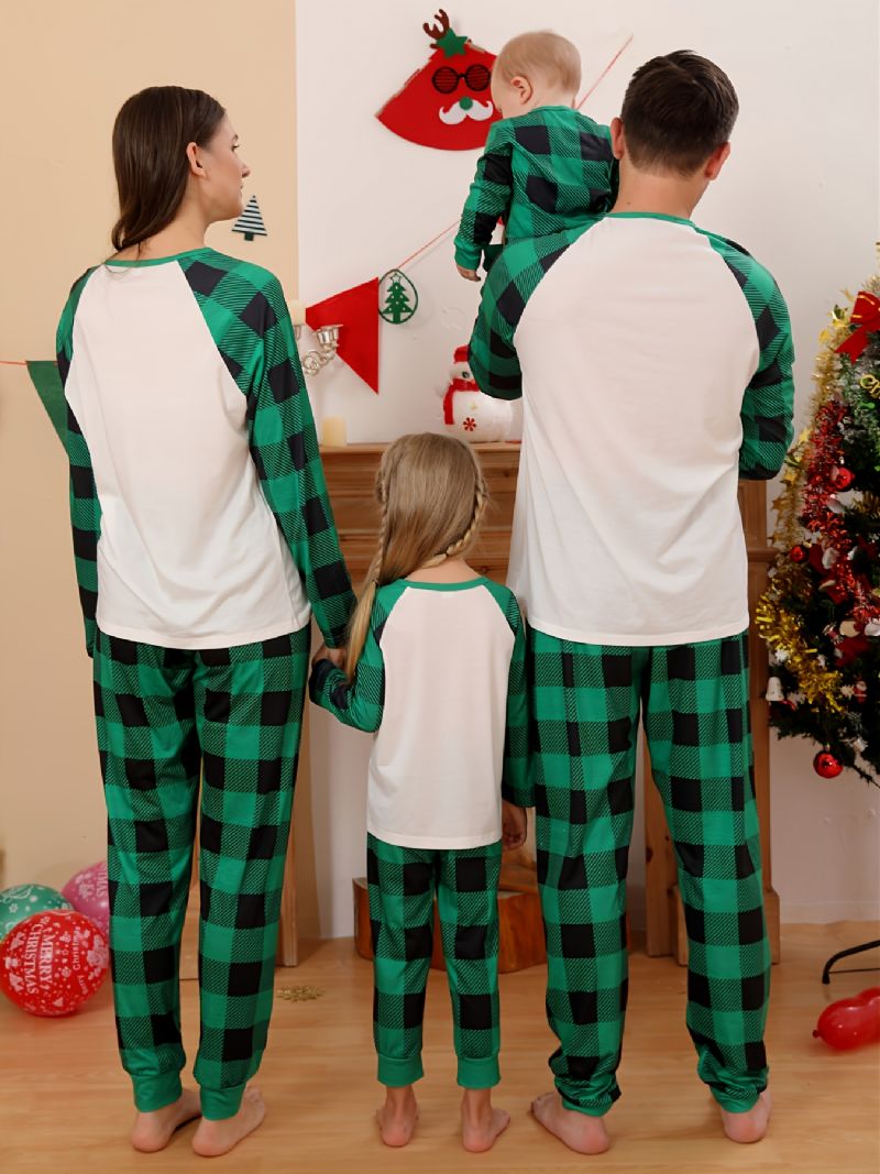 Piger Pyjamas Jul Børn Pet Hund Digital Print Crew Neck Top Grøn Plaid Bukser Sæt