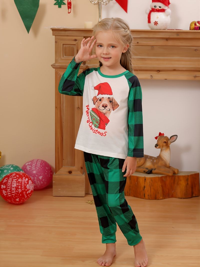 Piger Pyjamas Jul Børn Pet Hund Digital Print Crew Neck Top Grøn Plaid Bukser Sæt