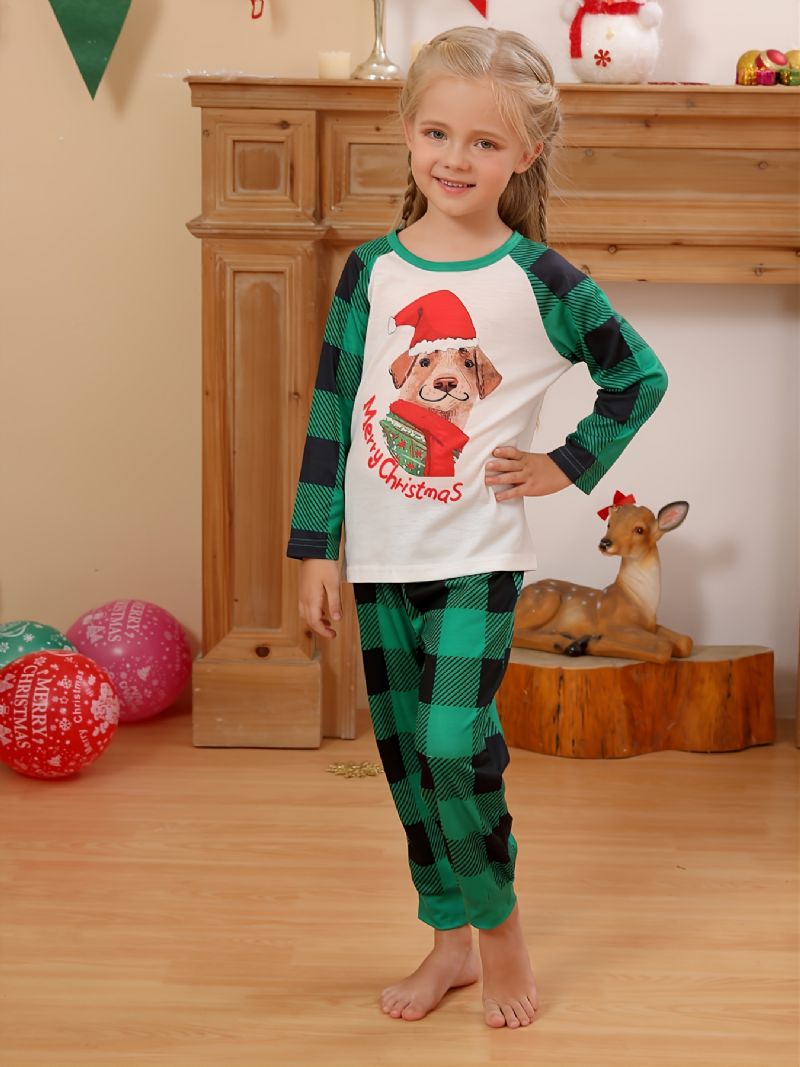 Piger Pyjamas Jul Børn Pet Hund Digital Print Crew Neck Top Grøn Plaid Bukser Sæt