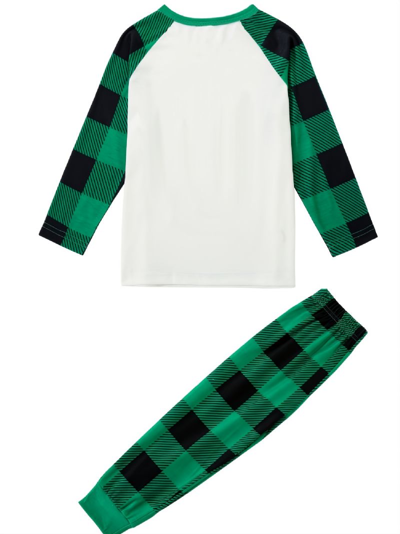 Piger Pyjamas Jul Børn Pet Hund Digital Print Crew Neck Top Grøn Plaid Bukser Sæt