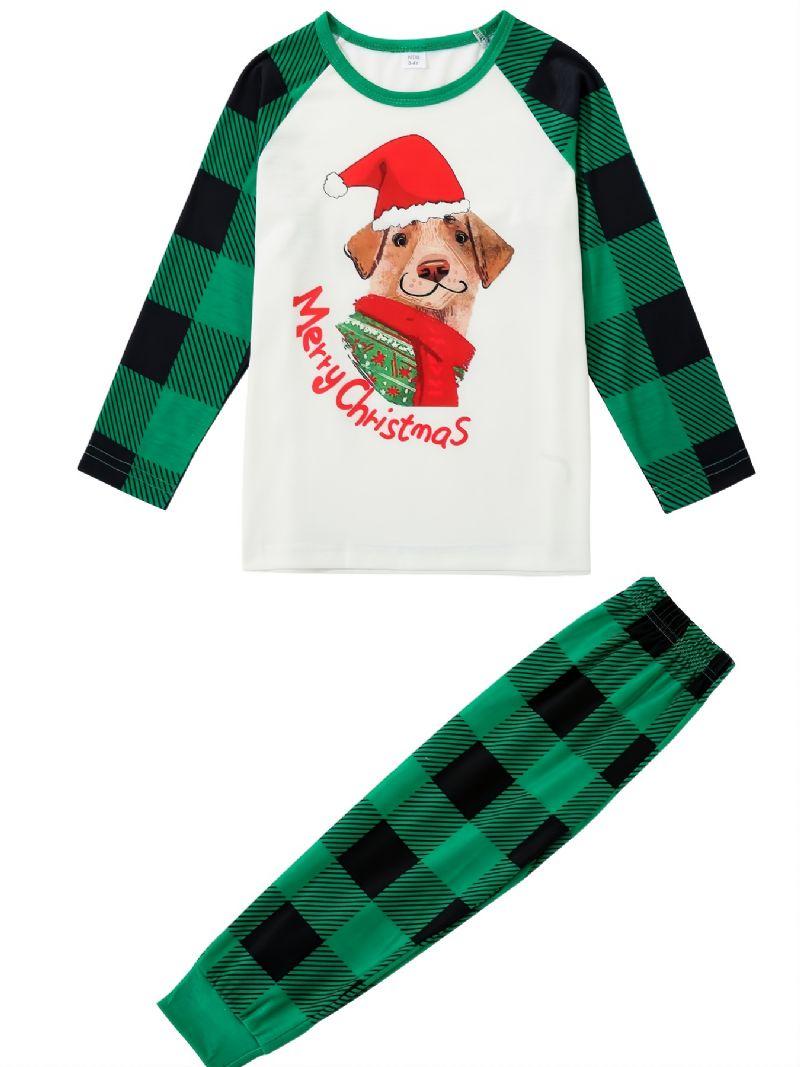 Piger Pyjamas Jul Børn Pet Hund Digital Print Crew Neck Top Grøn Plaid Bukser Sæt