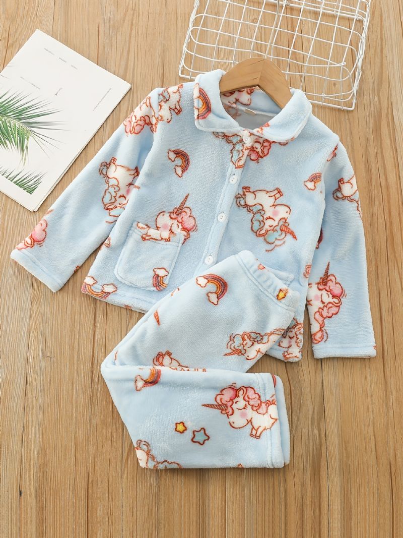 Piger Varm Unicorn Print Knappet Top + Bukser Pyjamas Sæt Børnetøj Nattøj Til Vinter