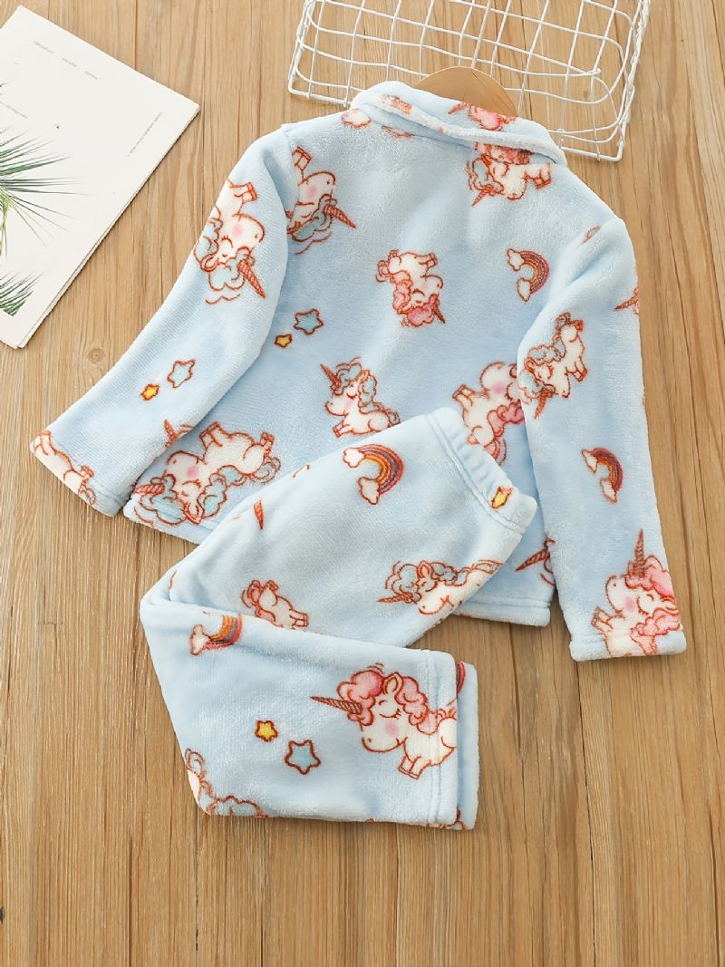 Piger Varm Unicorn Print Knappet Top + Bukser Pyjamas Sæt Børnetøj Nattøj Til Vinter