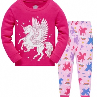 Popshion 2 Stk Piger Fluorescerende Unicorn Glødende Tegnefilm Dyr Langærmet Pyjamas Bomuldsdragt