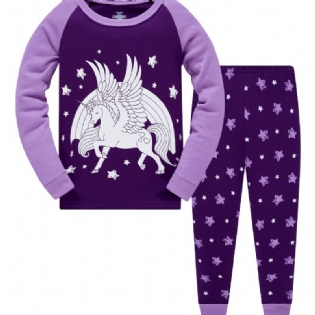 Popshion 2 Stk Piger Fluorescerende Unicorn Glødende Tegneserie Lilla Langærmet Pyjamas Bomuldsdragt