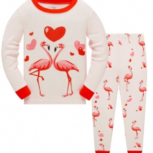 Popshion 2 Stk Søde Flamingo Tegnefilm Dyre Top & Kontrast Trim Pyjamas Bukser Sæt