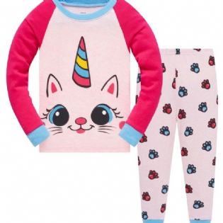 Popshion 2stk Piger Kat Aniaml Tegneserie Mønster Top & Kat Pote Print Pyjamas Bukser Sæt