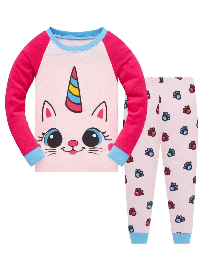 Popshion 2stk Piger Kat Aniaml Tegneserie Mønster Top & Kat Pote Print Pyjamas Bukser Sæt