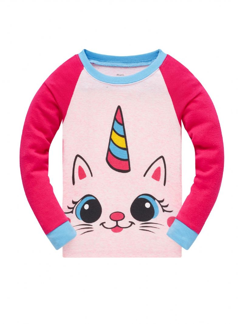 Popshion 2stk Piger Kat Aniaml Tegneserie Mønster Top & Kat Pote Print Pyjamas Bukser Sæt