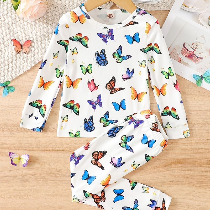 Pyjamassæt Langærmet Top Og Matchende Bukser Sæt Med Sommerfugleprint