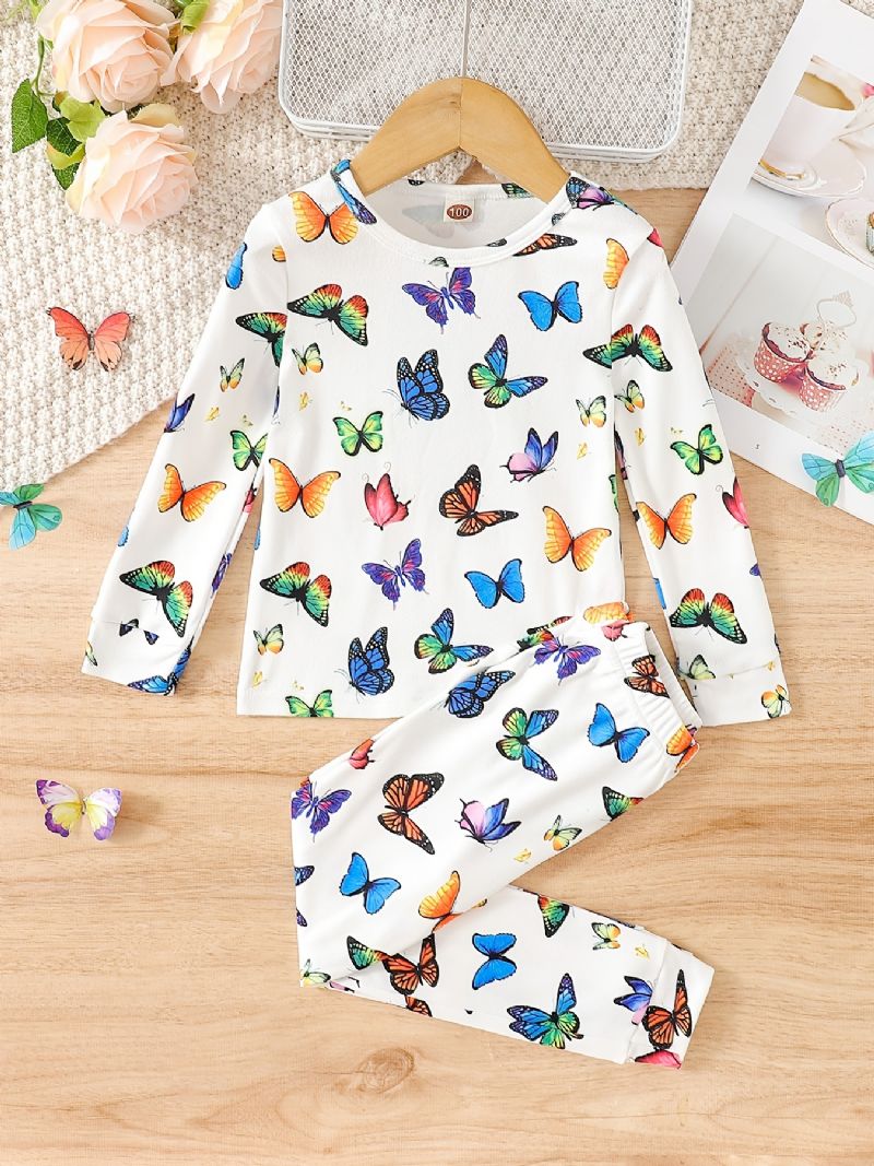Pyjamassæt Langærmet Top Og Matchende Bukser Sæt Med Sommerfugleprint