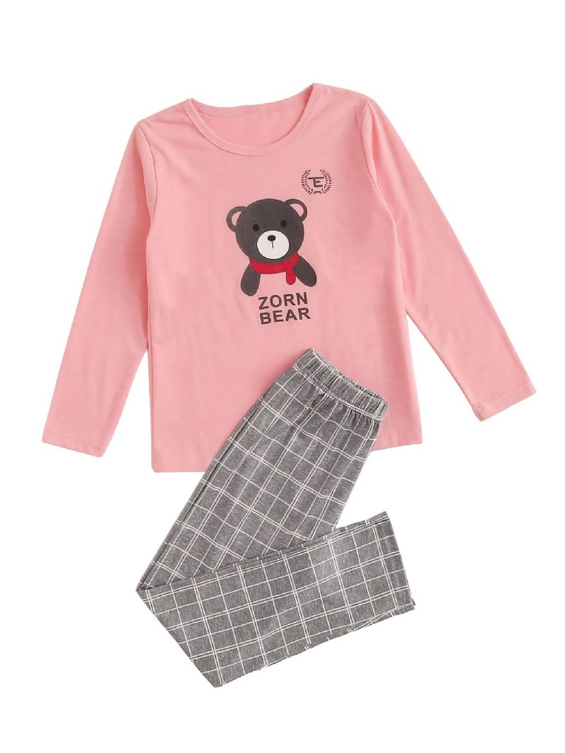 Pyjamassæt Til Piger Med Langærmet Bjørneprint Top & Matchende Plaidbuksersæt