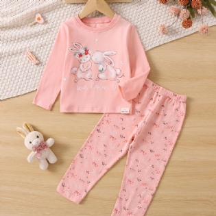 Småbørn Baby Piger Pyjamas Familie Outfit Kanin Print Rund Hals Langærmet Top & Blomster Bukser Sæt