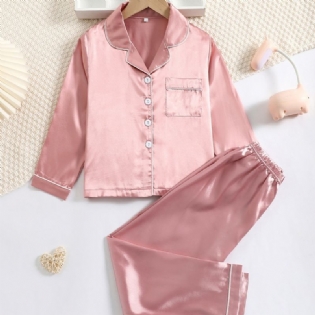 Småbørn Baby Piger Satin Pyjamas Sæt Langærmet Button Down Ensfarvet Nattøj Og Bukser Børnetøj