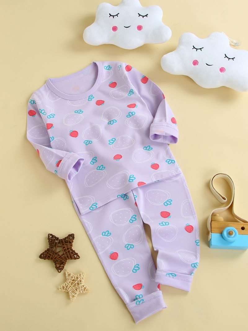 Småbørn Babypiger Pyjamas Familieoutfit Jordbærtryk Rundhals Langærmet Undertøj Og Buksesæt Børnetøj
