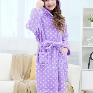 Søde Piger I Fleece Termisk Hættebadekåbe Pyjamas Med Prikker Til Vinterhjem