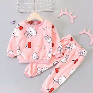Toddler Baby Plys Pyjamas Familie Outfit Kanin Print Rund Hals Langærmet Top & Bukser Sæt Til Piger Børne Tøj
