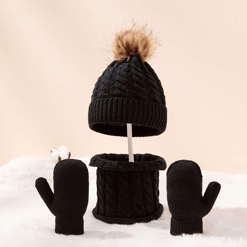 3stk Baby Beanie Hatte Tørklæde Handsker Sæt Spædbørn Småbørn Vinter Varm Strik Kasket Med Pom Poms & Vanter & Til Drenge Piger