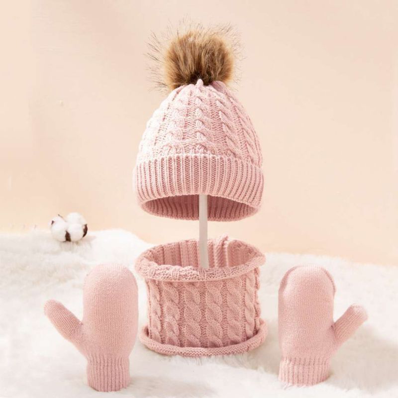 3stk Baby Beanie Hatte Tørklæde Handsker Sæt Spædbørn Småbørn Vinter Varm Strik Kasket Med Pom Poms & Vanter & Til Drenge Piger