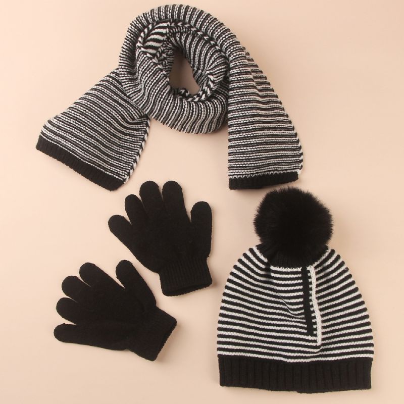 3stk Børne Warm Stripe Hatte Halstørklæde Handsker Sæt Efterår Vinter
