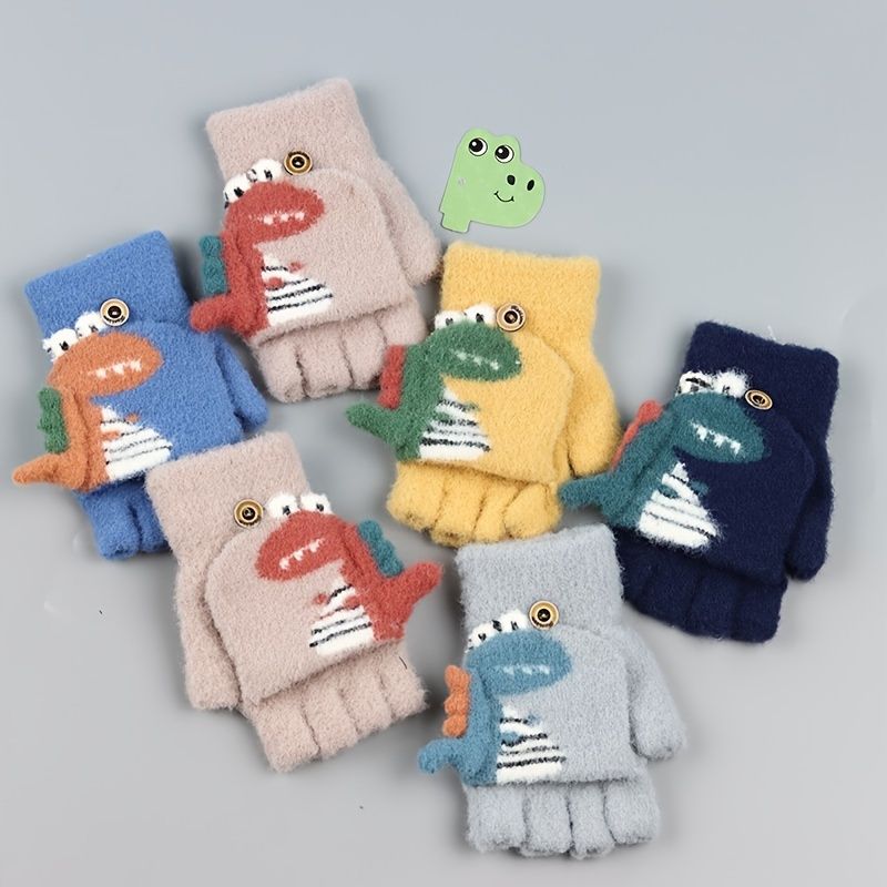 Børne Flip Handsker Dinosaur Sød Tegneserie Strikket Halvfinger Vinter