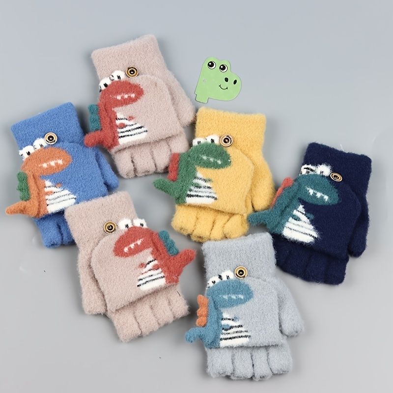 Børne Flip Handsker Dinosaur Sød Tegneserie Strikket Halvfinger Vinter