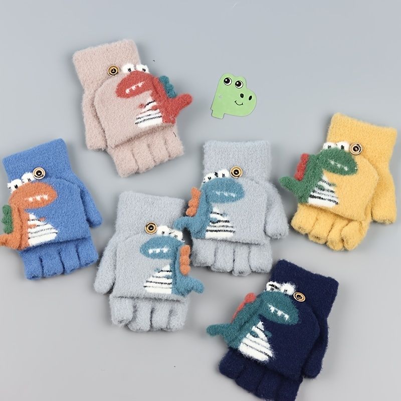 Børne Flip Handsker Dinosaur Sød Tegneserie Strikket Halvfinger Vinter