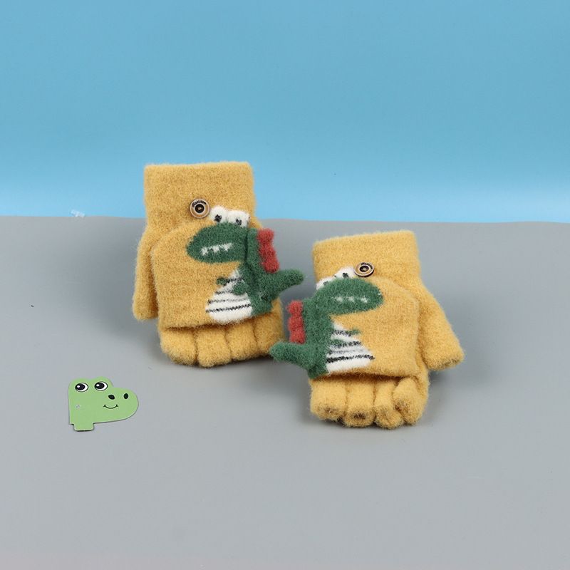 Børne Flip Handsker Dinosaur Sød Tegneserie Strikket Halvfinger Vinter