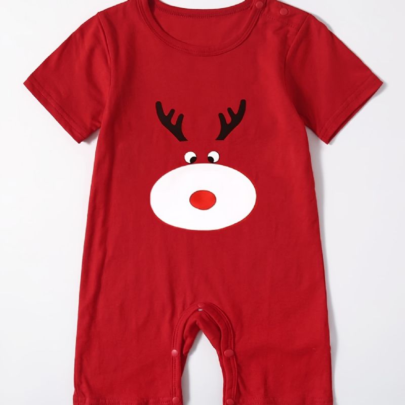 1 Stk Baby Piger Sød Tegneserie Elg Print Romper Rund Hals Jule Jumpsuit Til Fest